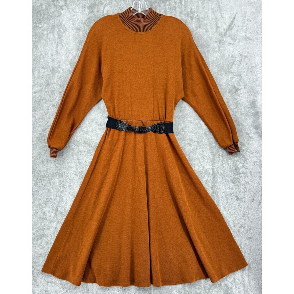 Vintage All That Jazz Sweater Dress Womens Size S Belted Modest Midi Fit & Flare